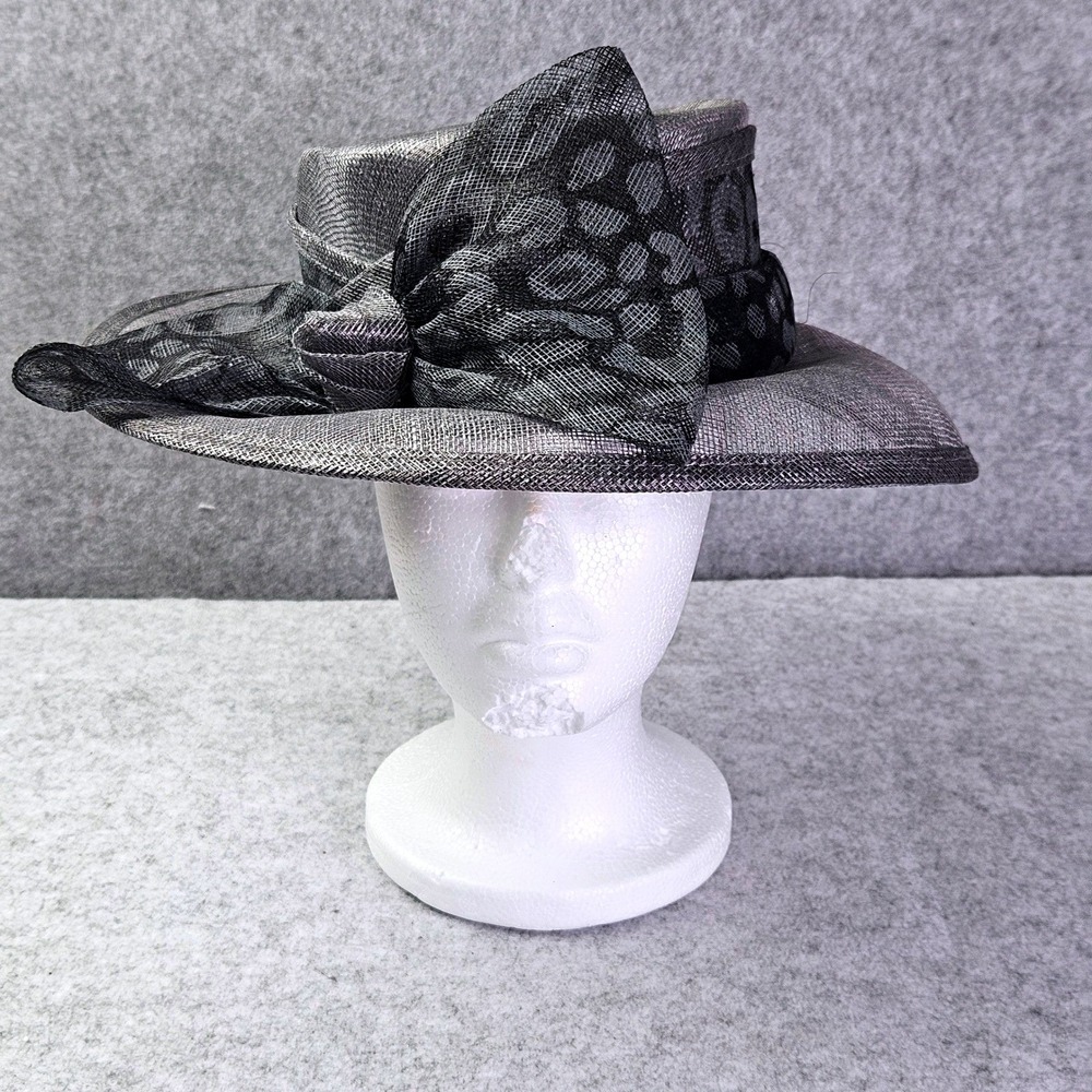 Fine Millinery August Accessories Silver Black Leopard Bow Straw Dress Hat NEW